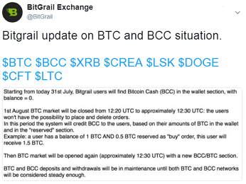 Bitgrail update on BTC and BCC situation.