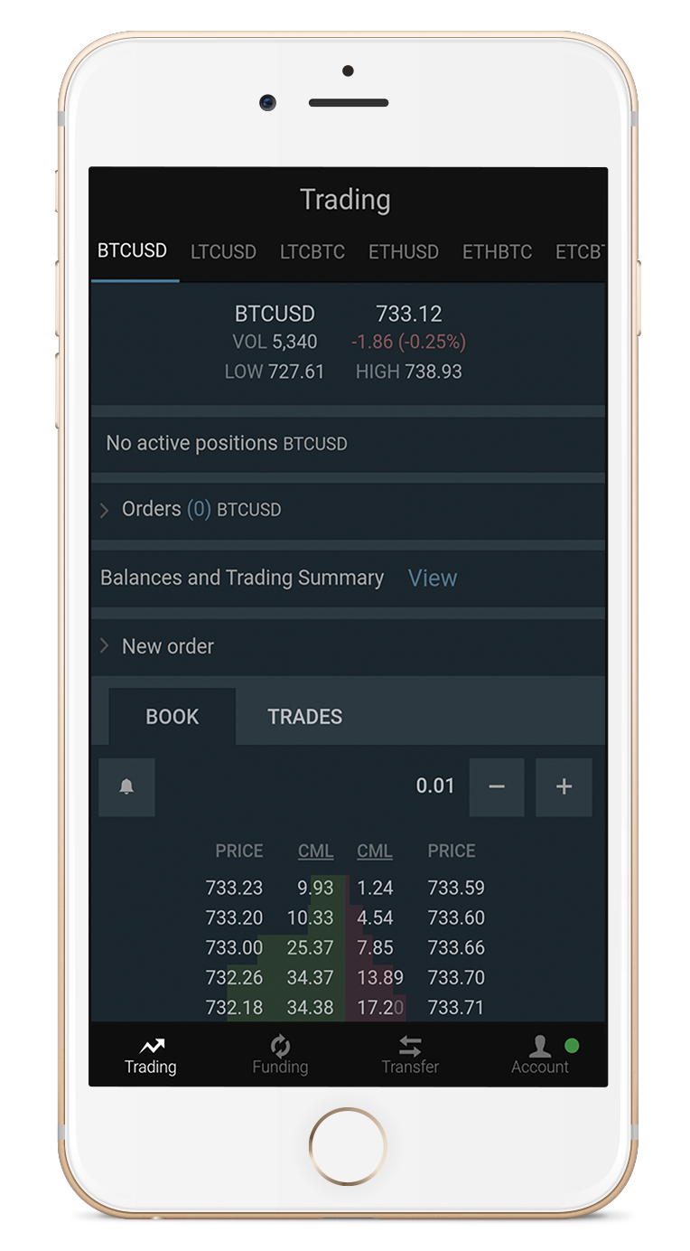 The Bitfinex exchange app on iPhone